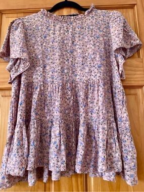 Ces Femme Floral Babydoll Top Pink Tiered Ruffle Boho Cottagecore Medium